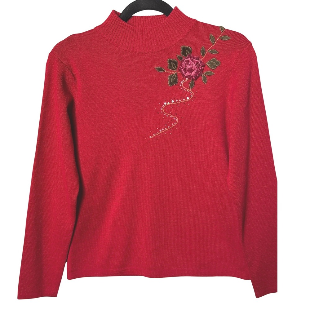 Red Wool Blend Womens Mock Neck Rose Applique Beaded Holiday Sweater Festive M